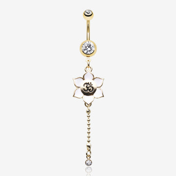 Golden Divine Lotus Om Dangle Belly Button Ring-Clear Gem